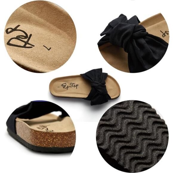 Women Slide Sandals with Bow Slip On Flat Summer Cork Footbed Comfy Shoes - Picture 6 of 7